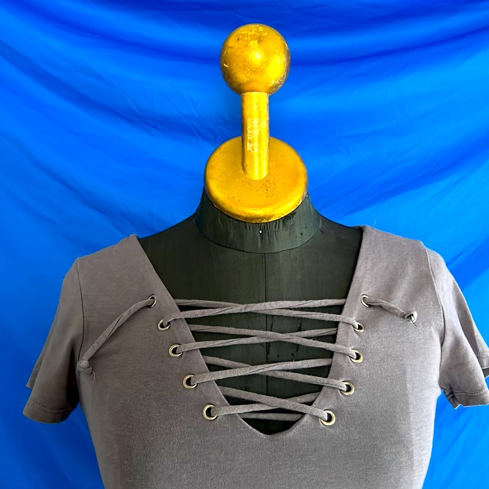 Cute grey lace-up mini dress / long top. Size S or M. Stretchy, unworn, like new